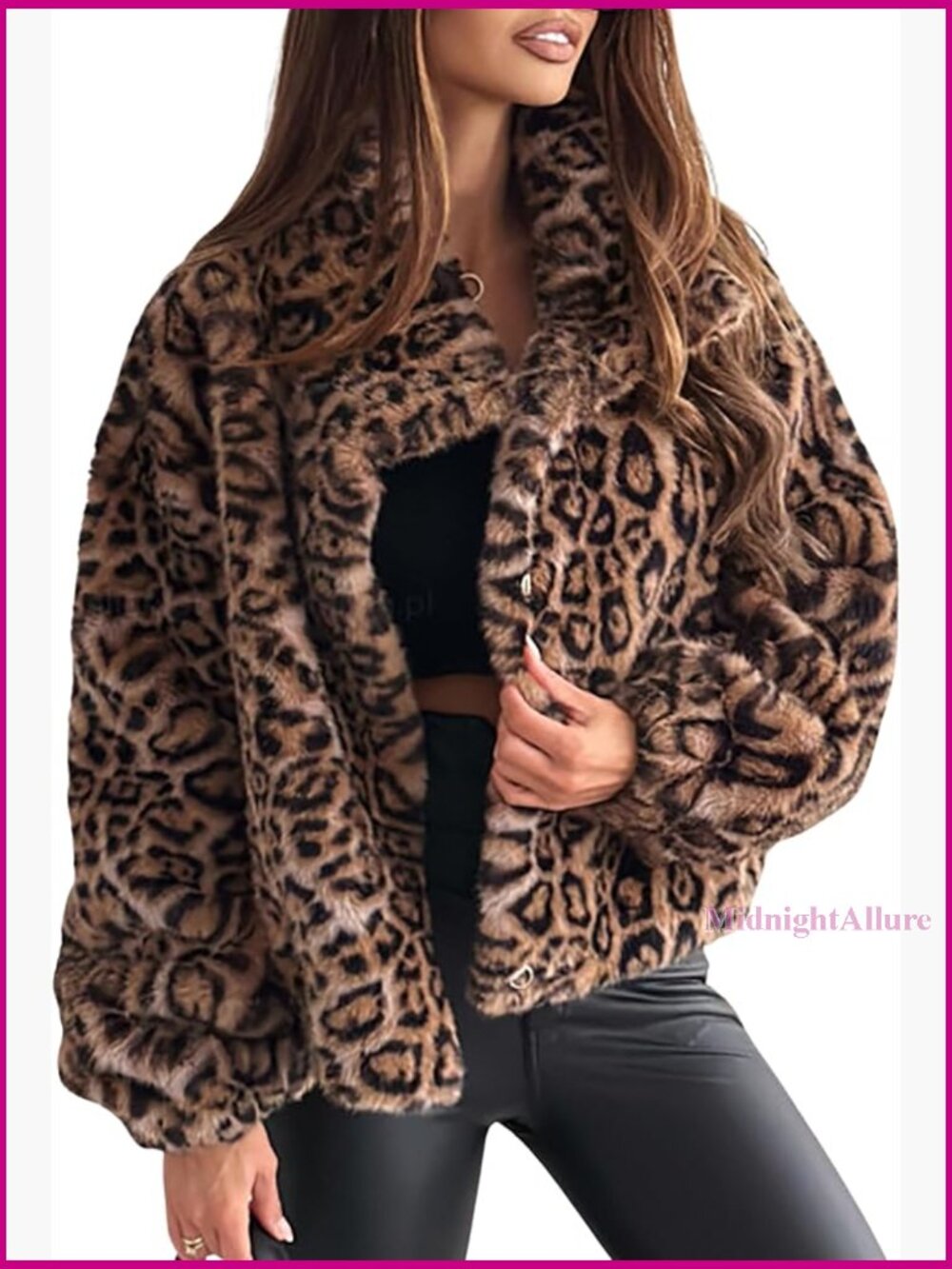 Women's Faux Fur Jacket Leopard Print Winter Coat Long Sleeve Loose Fit